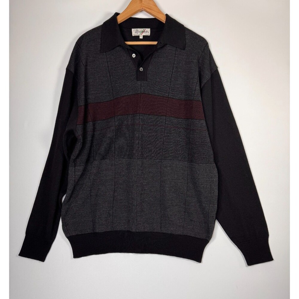 Vintage Modango Sweater‎ Mens XL Black Gray Merino Wool Blend Long Sleeve Polo